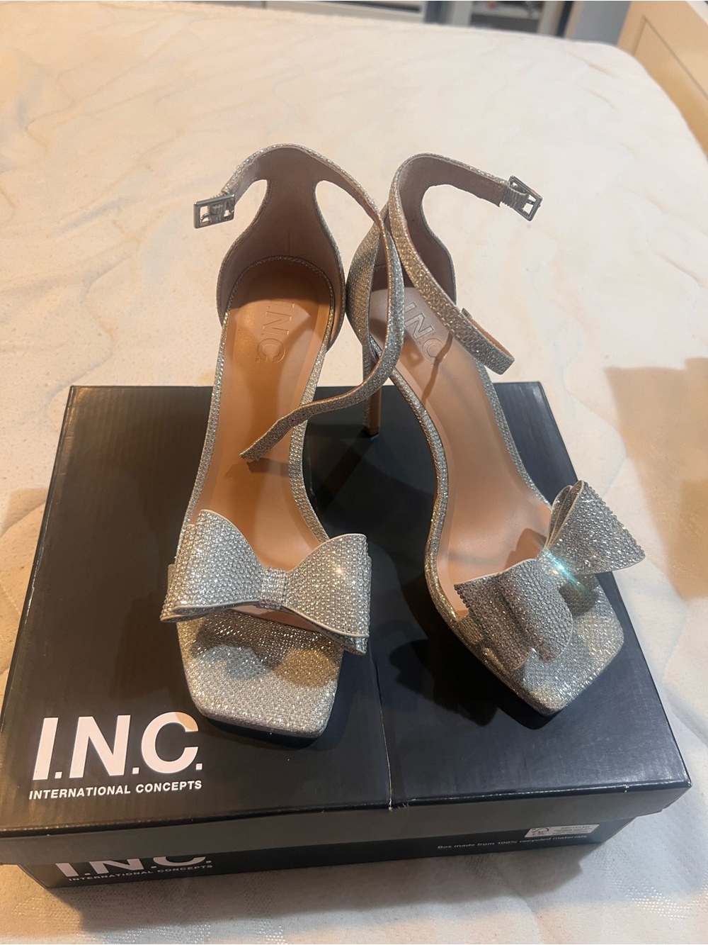 INC International Concepts Silver Glitter Bow Ankle-Strap Heels